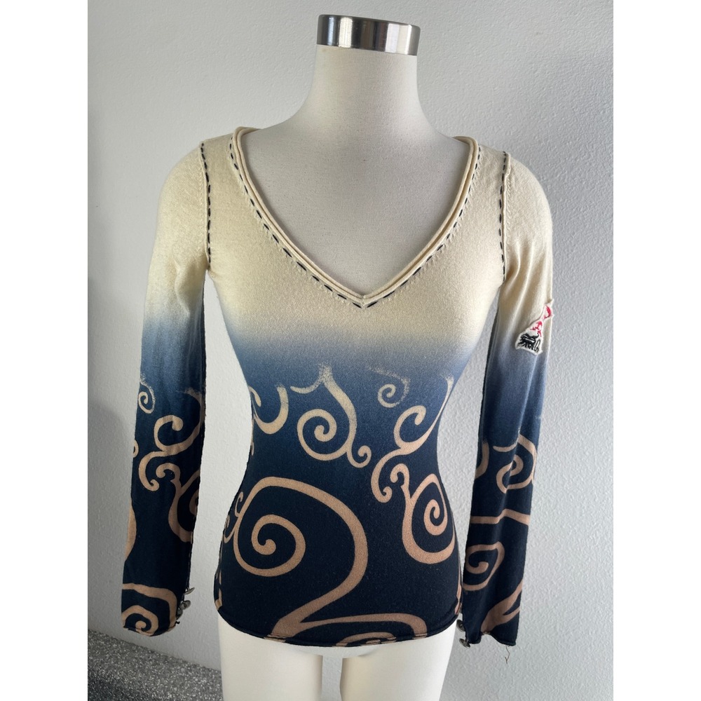 Ethnic Revolution Womens Small 100% Cashmere Ombre Swirl V Neck Sweater Knit Top